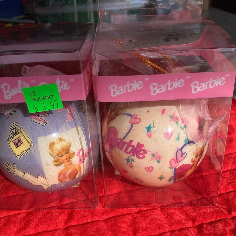 NRFB BARBIE Ornaments (2) 1 Walmart, 1 Kmart, 3” diameter. $28